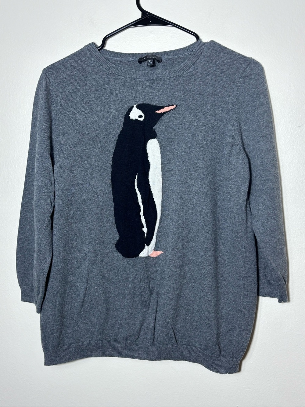 The Limited Gray Penguin Knit Sweater with Pink Beak Accent